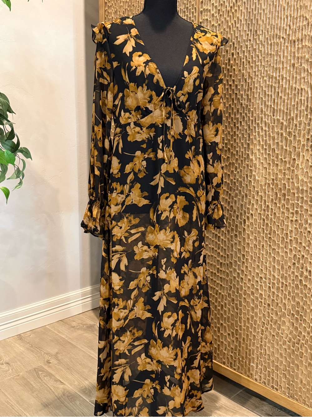 NWT A New Day Sheer Black & Mustard Floral Long Sleeve Maxi Dress Women’s Small - Picture 7 of 11
